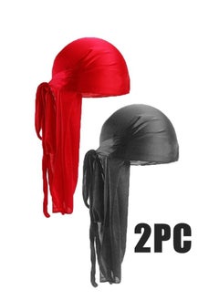 اشتري 1 Meter Long 2PC Black/Red Silk Resistant Durag Men's And Women's Satin Duo Rag 360 Wave Durag Bag Extra Long Tail And Wide Straps Underscarf Bonnet في السعودية