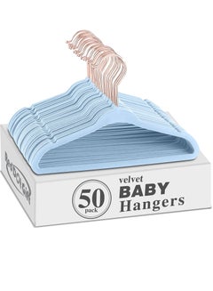 Buy 50-Pack Blue Color Baby Velvet Hangers 11Inch - Nursery Clothes Hangers Non Slip Toddler Hangers, 360 Chrome Rose-Gold Hook. in UAE