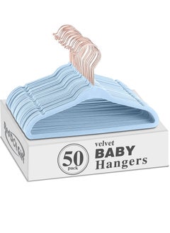 اشتري 50-Pack Blue Color Baby Velvet Hangers 11Inch - Nursery Clothes Hangers Non Slip Toddler Hangers, 360 Chrome Rose-Gold Hook. في الامارات