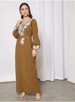 Buy Jalabiya With  Floral Embroidery And Garterised Sleeves With Belt in Saudi Arabia