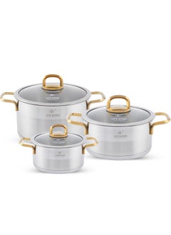 Buy President Series Premium 18/10 Stainless Steel Cookware Set - Pots and Pans Set Induction 3-Ply Thick Base for Even Heating Includes Casserroles 16/20/24cm Oven Safe Silver Gold in UAE