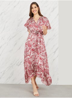 Buy Paisley Print Asymmetric Hem A-Line Midi Dress with Self Tie Up in Saudi Arabia