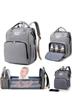 اشتري Diaper Bag Backpack, Multifunctional Portable Baby Mom Bag with USB, Waterproof, Foldable Crib with Stroller Straps, Sunshade, Changing Pad, Travel Friendly في السعودية