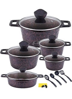 Buy 17-Pieces Granite Coated Cookware Set Includes 20, 24, 28, 32cm Casserole Pot with Lid, 32cm Shallow Casserole Pot and 7 Pieces Cooking Accessories in UAE