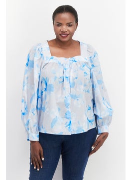 اشتري Women Square Neck Long Sleeve Allover Printed  Top, Blue Combo في الامارات