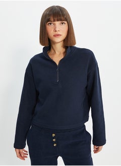 Buy Navy Blue Thessaloniki/Knitwear Look Zippered Collar Regular/Regular Fit Knitted Sweatshirt TWOAW22SW0732 in Egypt