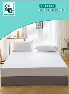 اشتري 3-piece White Cotton Fitted Bedsheet Set with Deep-Pocket Sheet and 2 Pillow Covers, Breathable and Machine Washable, King, Queen, and Single Sizes Available. في السعودية