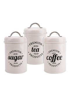 اشتري 3-Piece Vintage Airtight Kitchen Containers Decorations with Lids Portable Coffee Tea Sugar Set Metal Canister Can Pot Decorative Kitchen Canister Jars Food Storage (white) في الامارات