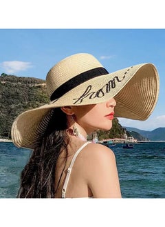 Buy Women's wide brimmed straw woven Panama hat, soft wool hat, summer beach sun hat, women's straw hat in Saudi Arabia