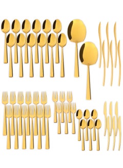 Buy 50 Pieces Cutlery Set for 12 Person,Pure Stainless Steel,Mirror Polished Set Include Dinner Spoon/Tea Spoon/Dinner Fork/Cake Fork/Dinner Knife/Fruit Knife/Rice Server (SHINE GOLD) in UAE