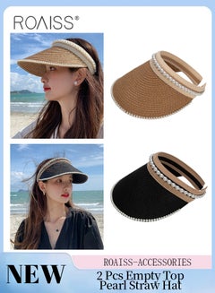 Buy 2 Pcs Empty Top Pearl Straw Hat for Women Lady's Portable Beach Pearl Decor Sun Hat Casual Golf Beach Cap Wide Brim Outdoor Hat Garden Fishing Hiking in UAE