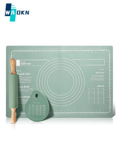 Buy 3-piece Large Silicone Baking Mat Set, Extra Thick Non-stick Non-slip Silicone Pastry Mats for Baking, with 1 Piece Rolling Pin and 1 Piece Non-scraper (Green) in UAE