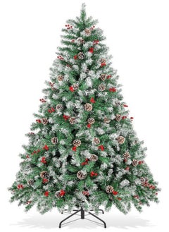 Buy 180cm Snowy Artificial Christmas Tree, Snow Flocked Artificial Trees with Pine Cones Berries Pre-Decorated, 750 Frosted Branch Tip in UAE