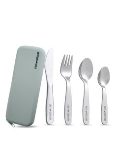 اشتري Eazy Kids Set of 4 Cutlery (Spoon, Fork, Knife & Tea Spoon) w/ Silicon Pouch – Grey في الامارات