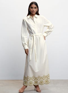 Buy Embroidered Hem Belted Button Dress in Saudi Arabia
