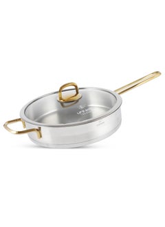 اشتري President Series Premium 18/10 Stainless Steel Frying Pan - Induction 3-Ply Thick Base Fry Pan with Glass Lid for Even Heating Oven Safe Silver Gold في الامارات