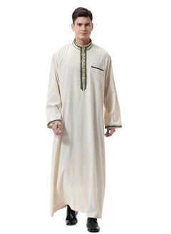 Buy Mens Jacquard Stand Collar Concise Style Long Sleeve Abaya Robe Islamic Arabic Casual Kaftan Whith Pocket Beige in UAE