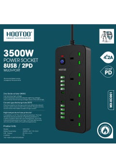 Buy Power socket MX-EC001 with four triple ports and 10 USB ports, eight of which are of the type USB-A and two of the type USB-C PD , 3 meter length, with a power of 3500W and safety button black. in Saudi Arabia