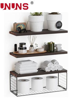 Buy Wall Mounted Floating Shelves,3Pcs Rustic Wood Bathroom Shelves Over Toilet with Paper Storage Basket,Farmhouse Floating Shelf For Wall Decor, Bedroom,Living Room,Kitchen in Saudi Arabia