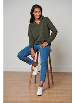 اشتري Women Spread Collar Plain Long Sleeve Sweatshirt, Dark Olive في الامارات