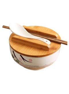 Buy White Ceramic Bowl with Lid, Spoon, Chopsticks - Japanese Traditional Style Tableware in Saudi Arabia