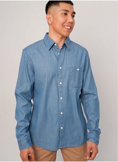 Buy Men’s Single Breast Collared Neck Button Down Shirt in Light Blue in UAE