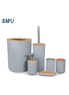 Buy 6 In 1 Simple Bathroom Bamboo Cover Six Piece Holder Kit Trash Can Set Toilet Brush Lotion Bottle Toothbrush Cup Soap Box Gargle Cup European Style Hotel Set Six-piece Trash Can Set Discount Set in UAE