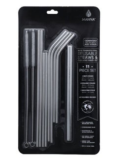 Buy 11-Piece  Reusable Straw and Cleaning Brush Set Silver in Saudi Arabia