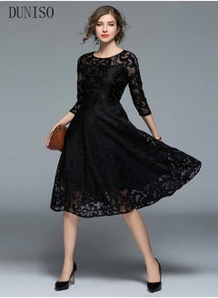 Buy Womens Evening Dress Lace Round Neck Dress for Wedding Party Three-quarter Sleeve A Line Knee Length Dresses Womens Banquet Party Dress Bridesmaid Dress in Saudi Arabia