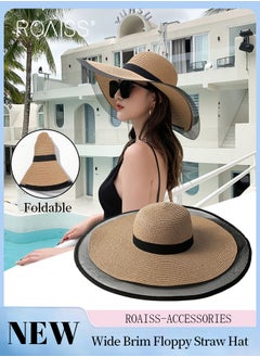 Buy Wide Brim Floppy Straw Hat for Women， Foldable Breathable Sun Hat with Mesh Decoration, Summer UV Protection Beach Cap Black Khaki in Saudi Arabia