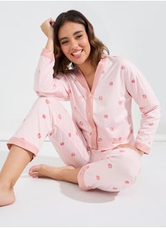 Buy AOP Peach Collarless Contrast Edge Shirt & Pyjama Set in Saudi Arabia