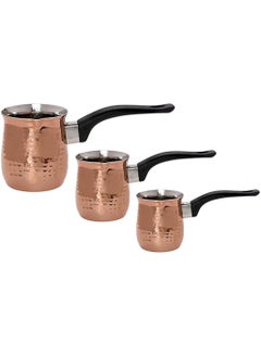 Buy Turkish Coffee Pot Set of 3 250ml/450ml/600ml Stainless Steel with High Quality Exterior Copper Coating | Coffee Warmer with Heat Insulation Handle | Turkish Coffee Pot in Saudi Arabia