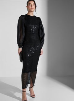 Buy Sheer Puff Sleeve Shimmer Dress in UAE