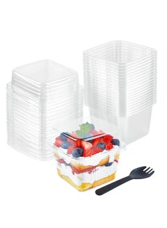 Buy Dessert Cups with Lids and Sporks, Disposable Plastic Cake Cups 8 oz Square Yogurt Parfait Containers for Fruit, Pudding, Mousse, Ice Cream and Strawberry Shortcake 50 Pack in Saudi Arabia