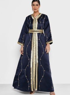 Buy Embellished V-Neck Belted Dress in UAE