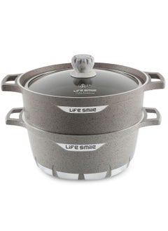 Buy 28cm (6.9 Liter) Multipurpose Steamer - Non-stick Couscoussier - 28cm Stock Pot & 28cm Steam Pot with Tempered Glass Lid Grey in UAE