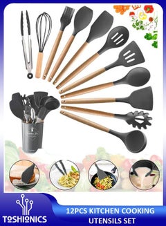 12pcs Silicone Cooking Utensils Set, Heat Resistant Silicone Kitchen  Utensils for Cooking, Kitchen Utensil Spatula Set with Wooden Handles and  Holder, Gadgets for Non-Stick Cookware, Gray