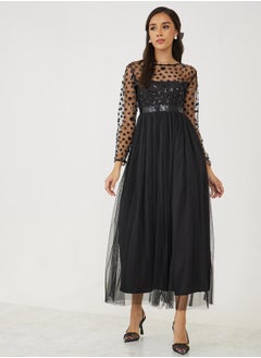 Buy Sequin Embellished Mesh Insert A-Line Maxi Dress in Saudi Arabia