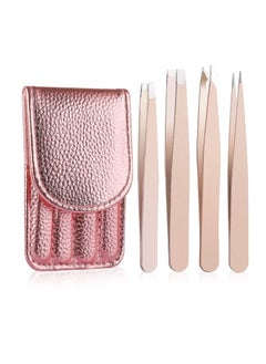 Buy 4 Piece Stainless Steel Precision Tweezers with Leather Case (Rose Gold) in UAE