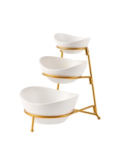 Buy Shallow Porcelain 3-Tier Serving Bowl Set with Black Stand Rack - 13cm, 15cm, 19cm in UAE