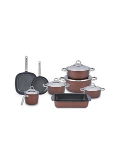 Buy Titanium round pot set with stainless steel handle from Savlon - 13 pieces, 4 pans size 18-20-24-28, frying pan 26 cm, egg pot 16 cm, grill pan 28 cm Red 1101 in Egypt