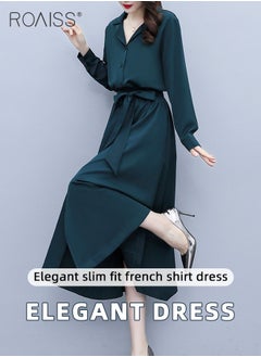 Buy French Lapel Shirt Dresses for Women with Pocket Design Premium Solid Color Long Sleeve Buttoned Vertical Hem High Waist Dress Ladies Simple Elegant Temperament Wedding Guest Costumes in Saudi Arabia