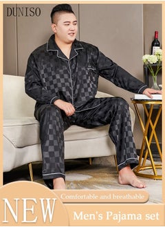 Buy 2-piece Extra Large Men' s Pajama Set Silk Satin Long Sleeve Sleepwear with Button Classic Loungewear Nightwear Notch Neck Shirt and Waist Elastic Pants Pajama for Chubby Men in UAE