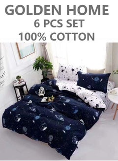 اشتري 6-Piece Single Size Cotton Printed Combination Duvet Cover Set Includes 1xFitted Bedsheet 120x200+30cm, 1xDuvet/Bed Cover 160x210 cm, 2xPillowcase 55x80cm, 2xCushion Case 45x70cm Multicolour في الامارات