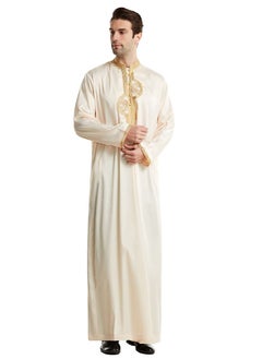 اشتري Mens Stand Collar Embroidery Long Sleeve Kaftan Robe With Pockets And Button Islamic Arabic Abaya Beige في السعودية