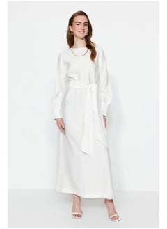 Buy White Wide Belted Zipper Cuff Woven Linen Look Dress TCTSS23EB00219 in Egypt