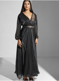 Buy Surplice Neck Flute Sleeve Embellished Dress in Saudi Arabia