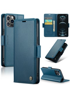 Buy CaseMe Flip Wallet Case For iPhone 12 Pro MAX RFID Blocking PU Leather Wallet Flip Folio Case with Card Holder Kickstand Shockproof Phone Cover - Blue in Egypt