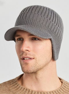 اشتري Men's Winter Visor Beanie Hat with Earflaps Knit Baseball Cap with Brim Ski Hat Warm Fleece Lined Hunting Hat Grey في الامارات