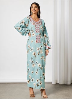 Buy Floral Jalabiya With Abstract Embroidery In Front And Garterised Wrist With Belt in UAE